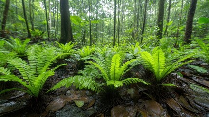 Obraz premium Lush green ferns grow on the forest floor in a tropical rainforest.