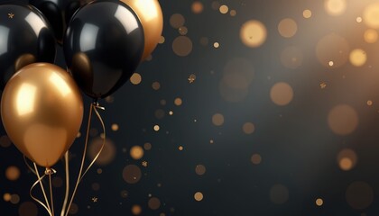 Elegant black and gold balloons floating with a blurred background and ample copy space for upscale event invitations or birthday announcements.