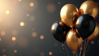 Elegant black and gold balloons floating with a blurred background and ample copy space for upscale event invitations or birthday announcements.