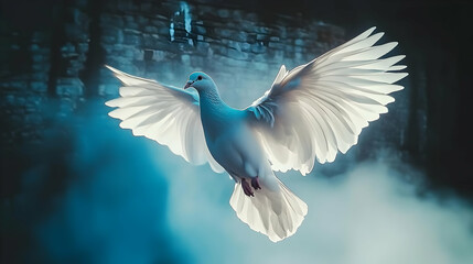 Obraz premium White Dove Flapping Its Wings in a Blue Misty Sky