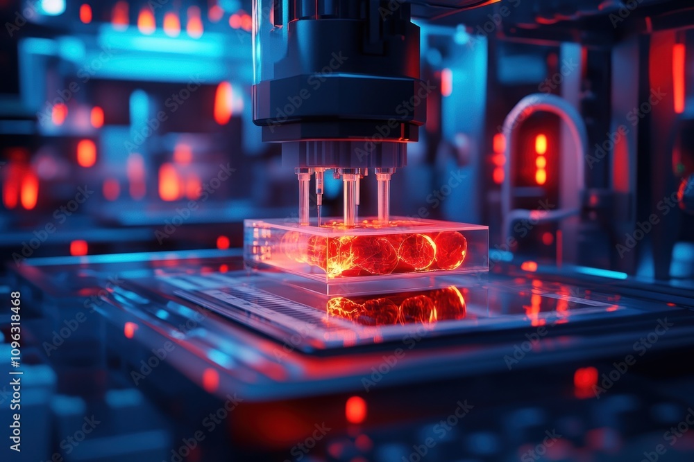 Poster futuristic automated bio-manufacturing machine precisely processes glowing orange spheres in a trans