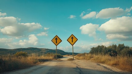 Road signs indicating direction changes on a rural road under a bright blue sky, symbolizing new beginnings and choices for the upcoming year.