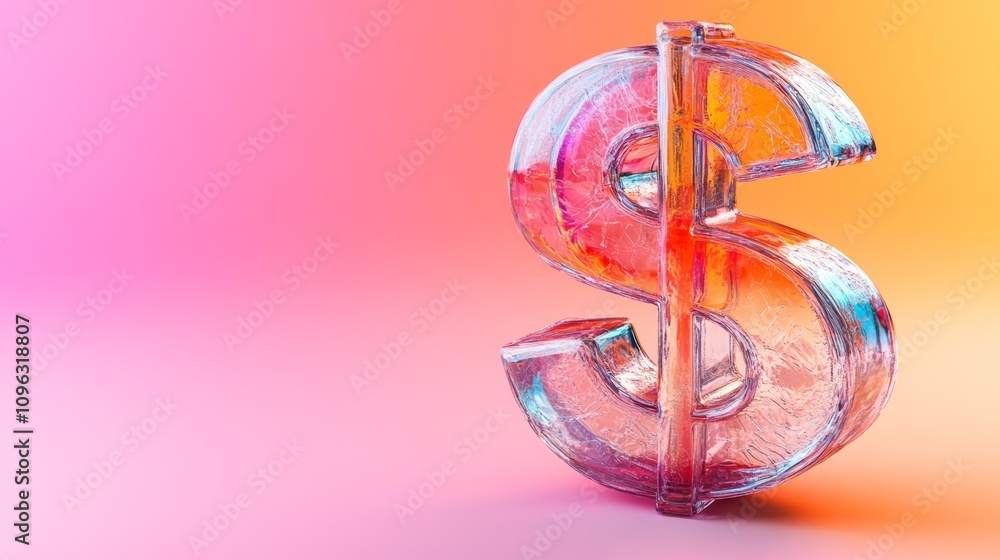 Poster a 3d rendering of an ice dollar sign on a colorful gradient background.
