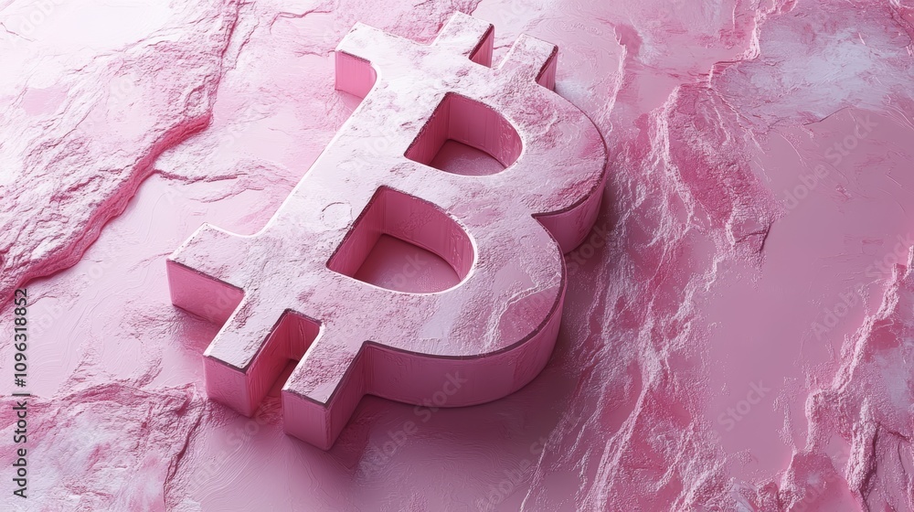 Poster a 3d rendering of a bitcoin symbol on a pink textured background.