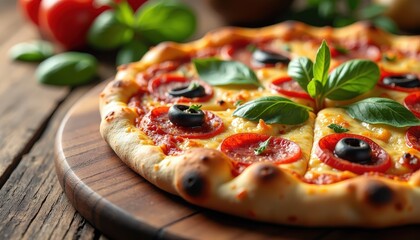 Delicious pizza with fresh toppings on a wooden table with ample copy space for restaurant promotions or food festival announcements.