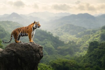 A majestic tiger stands on a rock, overlooking a lush green landscape.