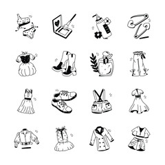 This set of icons showcases a variety of trendy womens fashion items, including clothing, shoes, accessories, and beauty products