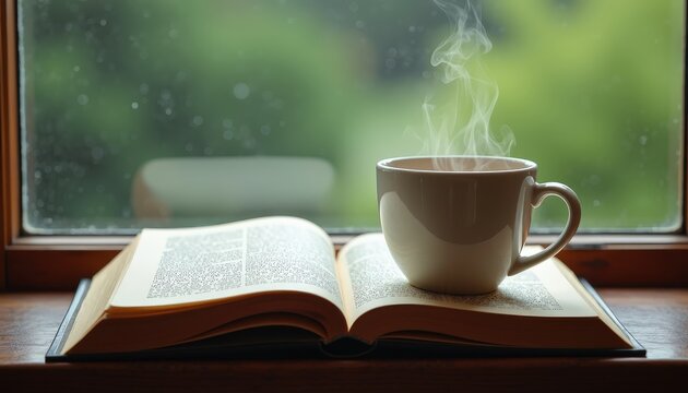 Open book with a steaming cup of tea on a windowsill with a rainy background and ample copy space for book club promotions or cozy event invitations.