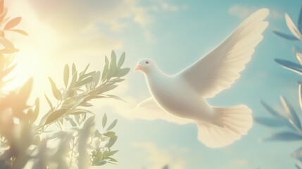 Dove in Flight with Olive Branches Against a Peaceful Sky