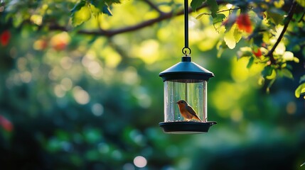 Bird Feeder Surrounded by Lush Greenery