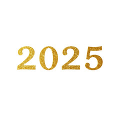 Golden "2025" in glitter texture, isolated on white. Sparkling design ideal for New Year celebrations, invitations, or festive party decor. 