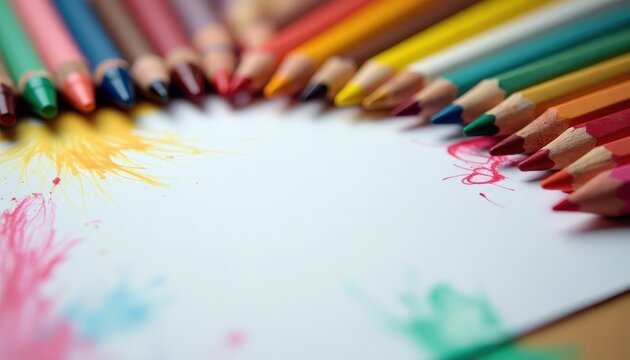 Colorful crayons and drawing paper on a table with ample copy space for children’s art class promotions or creative workshop invitations.