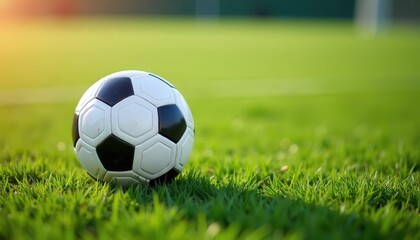 Soccer ball in motion on a green field with ample copy space for sports tournament promotions or game day event announcements.