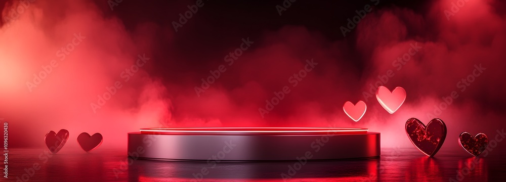 Poster a sophisticated silver podium with sharp edges and soft red lighting, set in a romantic setting with