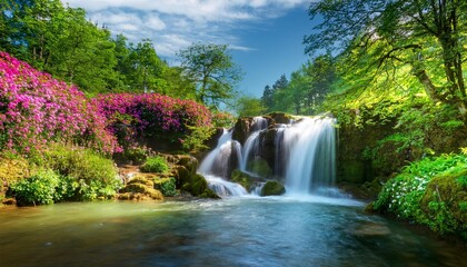 Obraz premium serene waterfall landscape with lush greenery and vibrant flowers