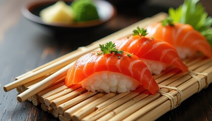 Fresh sushi platter with chopsticks on a bamboo mat with ample copy space for Japanese restaurant promotions or culinary event invitations.