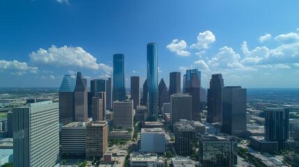 Modern City Skyline with CBD Office Buildings at Sunset - Drone View