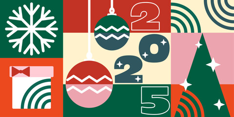 Festive Christmas Wallpaper, 2025, Simple Christmas Background, Geometrical Elements, Retro, Flat Illustration, New Year, Minimal, Concept, Vector