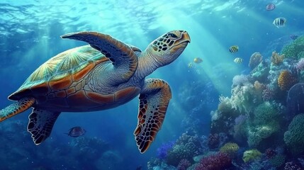 Obraz premium Large sea turtle swimming gracefully near a coral reef, accompanied by small fish