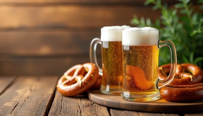 Festive Oktoberfest table with beer mugs, pretzels, and sausages, leaving ample copy space for beer festival promotions or seasonal event advertisements.