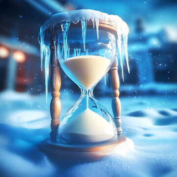 Frozen Hourglass with Dripping Ice and Sand in Winter Wonderland