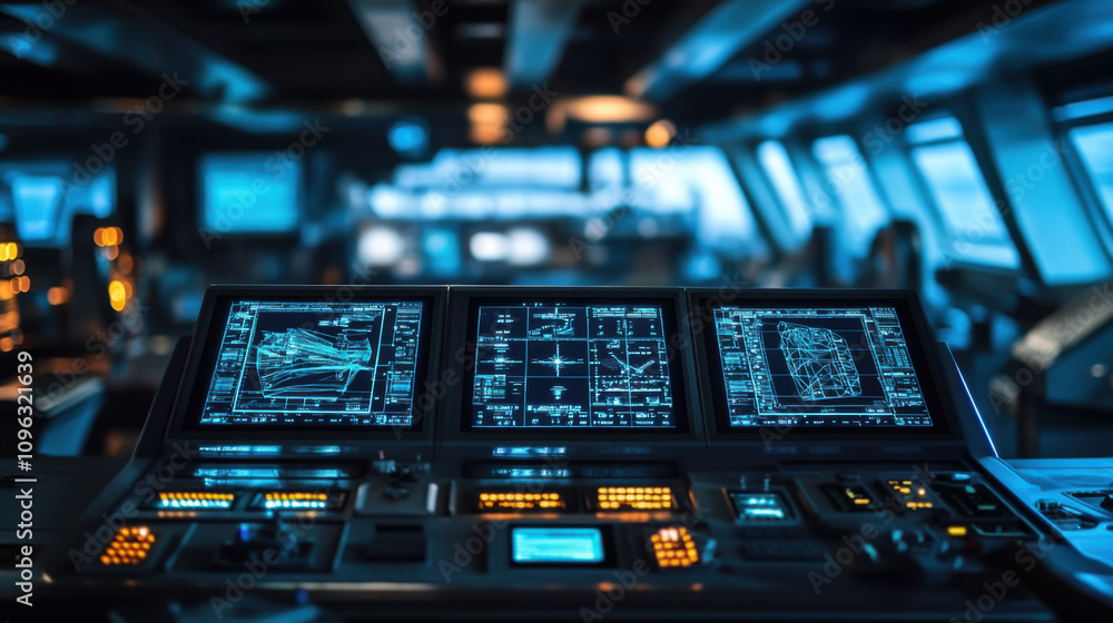 Aufkleber high tech control room with advanced screens and navigation tools, showcasing naval engineering tech
