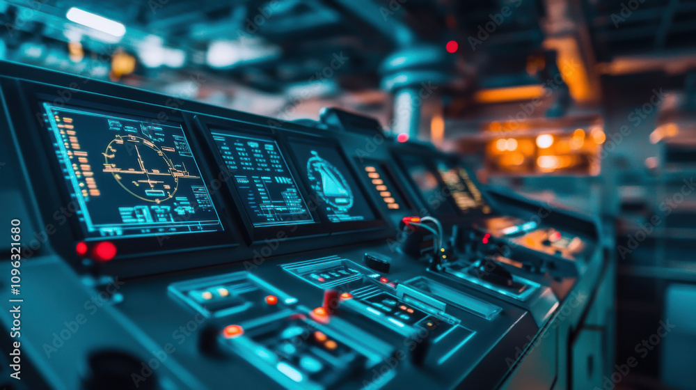 Poster high tech control room with advanced displays and controls for naval engineering. atmosphere is dyna