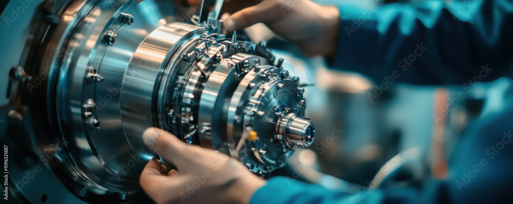 Poster as engineer assembles next gen hydrogen engine, precision and innovation are key. intricate componen