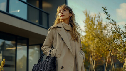 Fototapeta premium Full-Length Outdoor Portrait of Stylish Woman in Beige Trench Coat with Black Tweed Bag, Autumn Fashion Concept.
