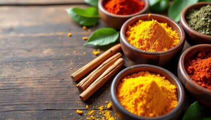 Colorful spices in small bowls arranged on a wooden surface, leaving ample copy space for cooking class promotions or culinary festival announcements.