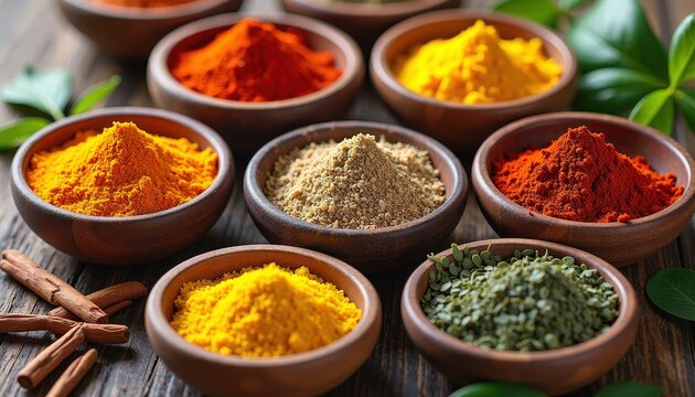 Colorful spices in small bowls arranged on a wooden surface, leaving ample copy space for cooking class promotions or culinary festival announcements.