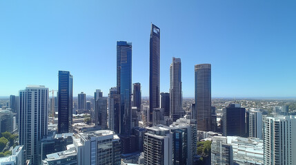 Obraz premium Modern City Skyline with CBD Office Buildings at Sunset - Drone View