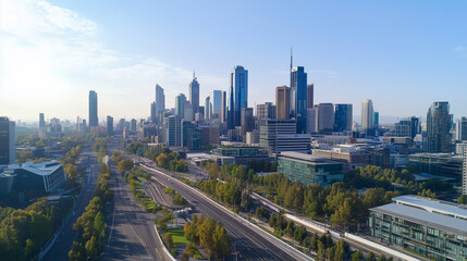 Fototapeta premium Modern City Skyline with CBD Office Buildings at Sunset - Drone View