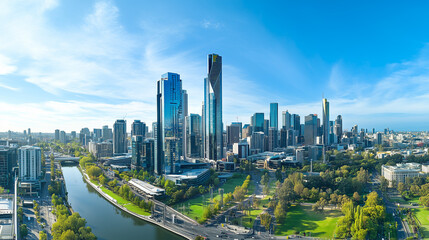 Obraz premium Modern City Skyline with CBD Office Buildings at Sunset - Drone View