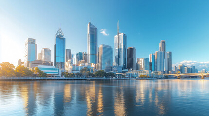 Fototapeta premium Modern City Skyline with CBD Office Buildings at Sunset - Drone View