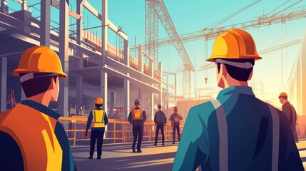 Construction workers in hard hats stand on a building site with cranes and a partly constructed building in the background.