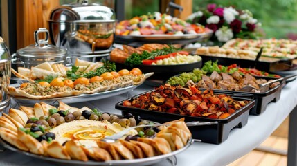 Fototapeta premium Showcasing modern mediterranean mezze platters with hummus pita olives and fresh vegetables culinary setting vibrant atmosphere gourmet concept