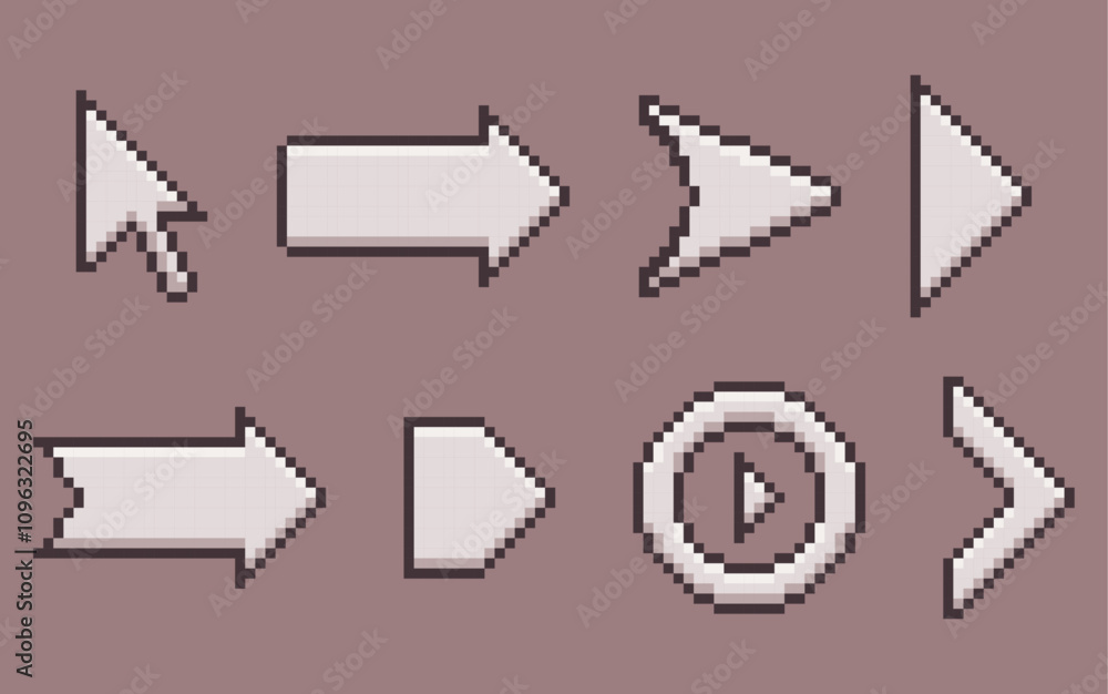 Poster set of pixel art arrows and cursor on a brown background