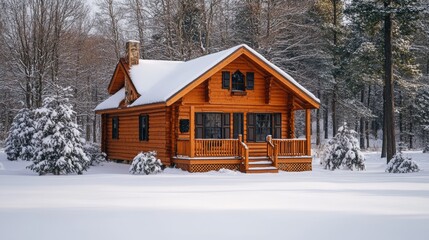 Naklejka premium A cozy wooden cabin in the snow with a snowy forest backdrop.