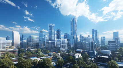 Modern City Skyline with CBD Office Buildings at Sunset - Drone View