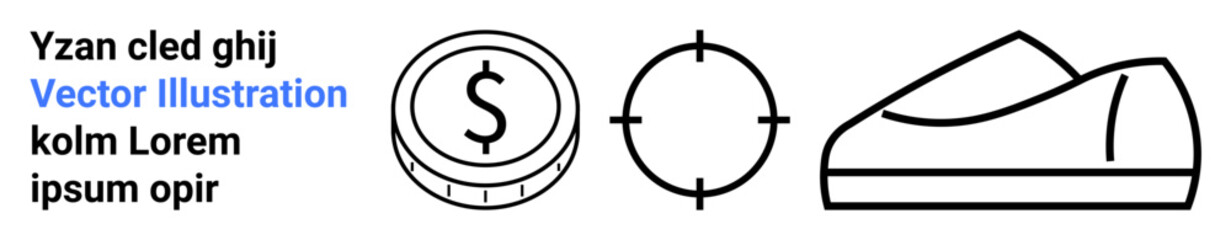 Icons of a coin with a dollar sign, a crosshair, and a sneaker. Ideal for finance, target, footware, business, e-commerce, marketing, retail, sports. Landing page