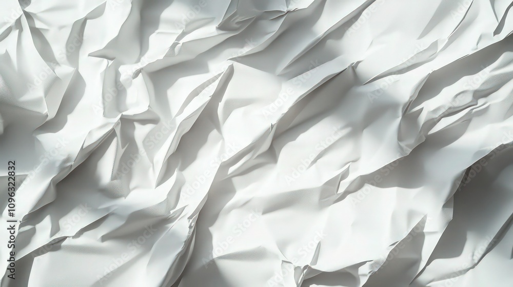 Poster a white poster background with heavily crumpled, wrinkled, and glued paper layers, creating random o