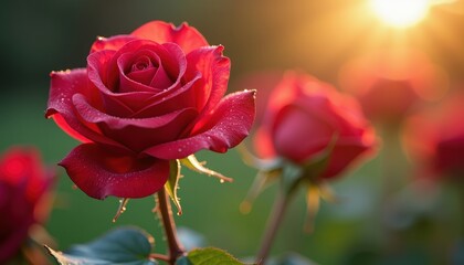 Close-up of a rose bouquet with morning dew, leaving ample copy space for Valentine’s Day promotions or romantic event invitations.