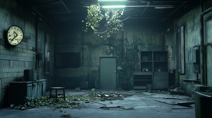 A dark, abandoned factory or warehouse with overgrown plants and a broken clock.