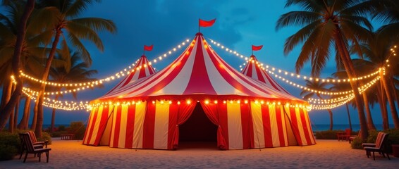 Colorful circus tent with lights and palm trees in the tropical beach background