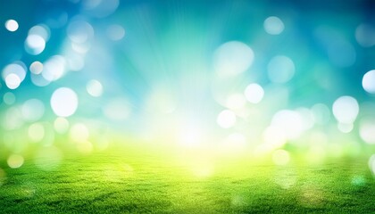 Obraz premium beautiful bokeh background with light green blue spring background with sun shine