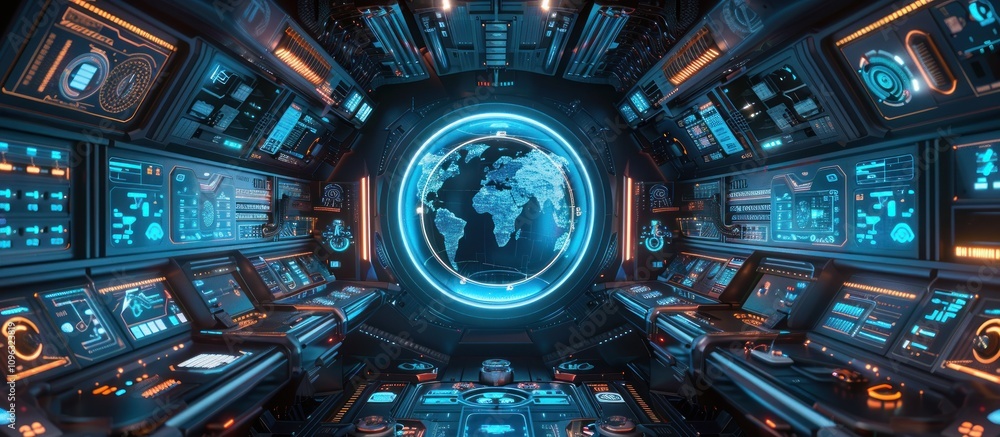 Poster futuristic spaceship bridge with global display.