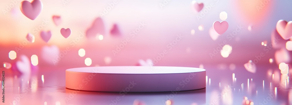 Poster a pink podium with a smooth, reflective surface, placed in front of soft pastel-colored lights and f