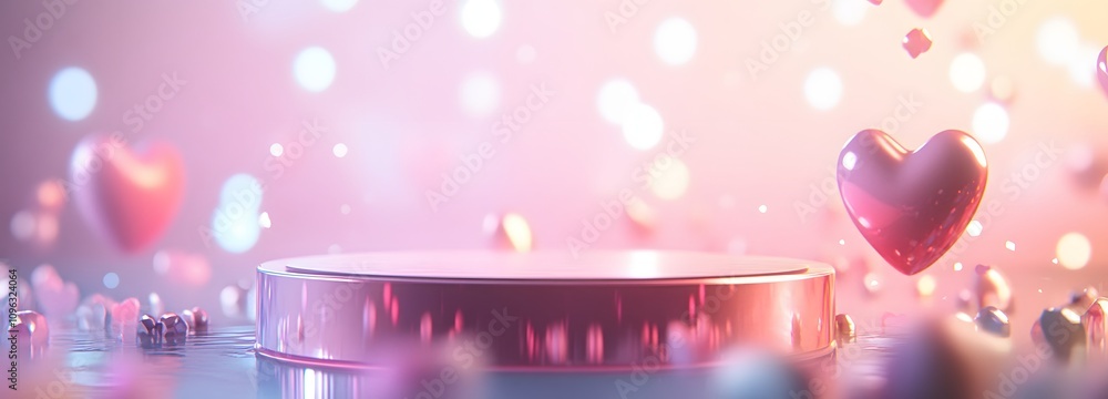 Poster a pink podium with a smooth, reflective surface, placed in front of soft pastel-colored lights and f