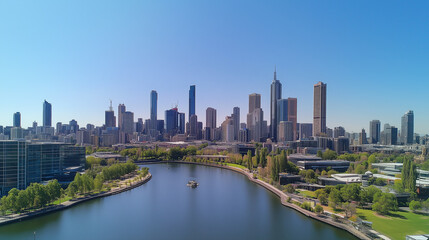 Fototapeta premium Modern City Skyline with CBD Office Buildings at Sunset - Drone View
